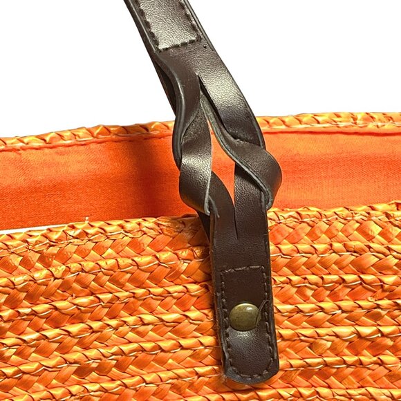 Neiman Marcus Large Straw Tote Bag Orange Boho Tropical Beach Vacation Hawaii - Picture 3 of 12